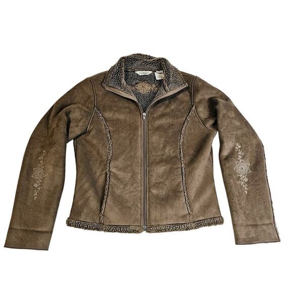 LL Bean Vintage SzM faux suede brown Y2K Floral Embroidered on sleeves n back. - Picture 1 of 16